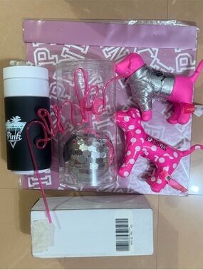 PINK Victoria's Secret Hot Disco Ball Cup & Dog w. Bomber Jacket